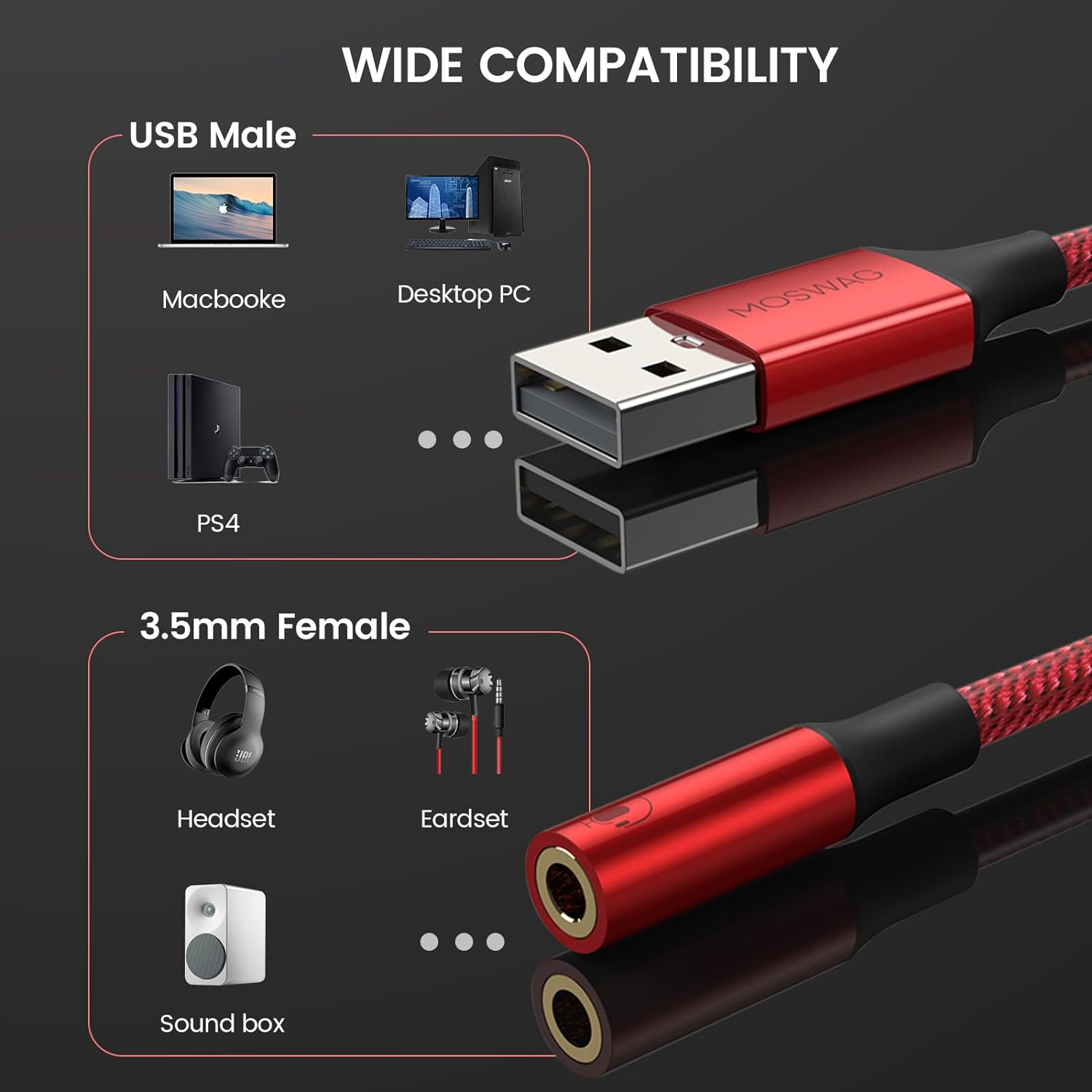 Кабель MOSWAG USB to AUX 0.2м red - Зображення 2