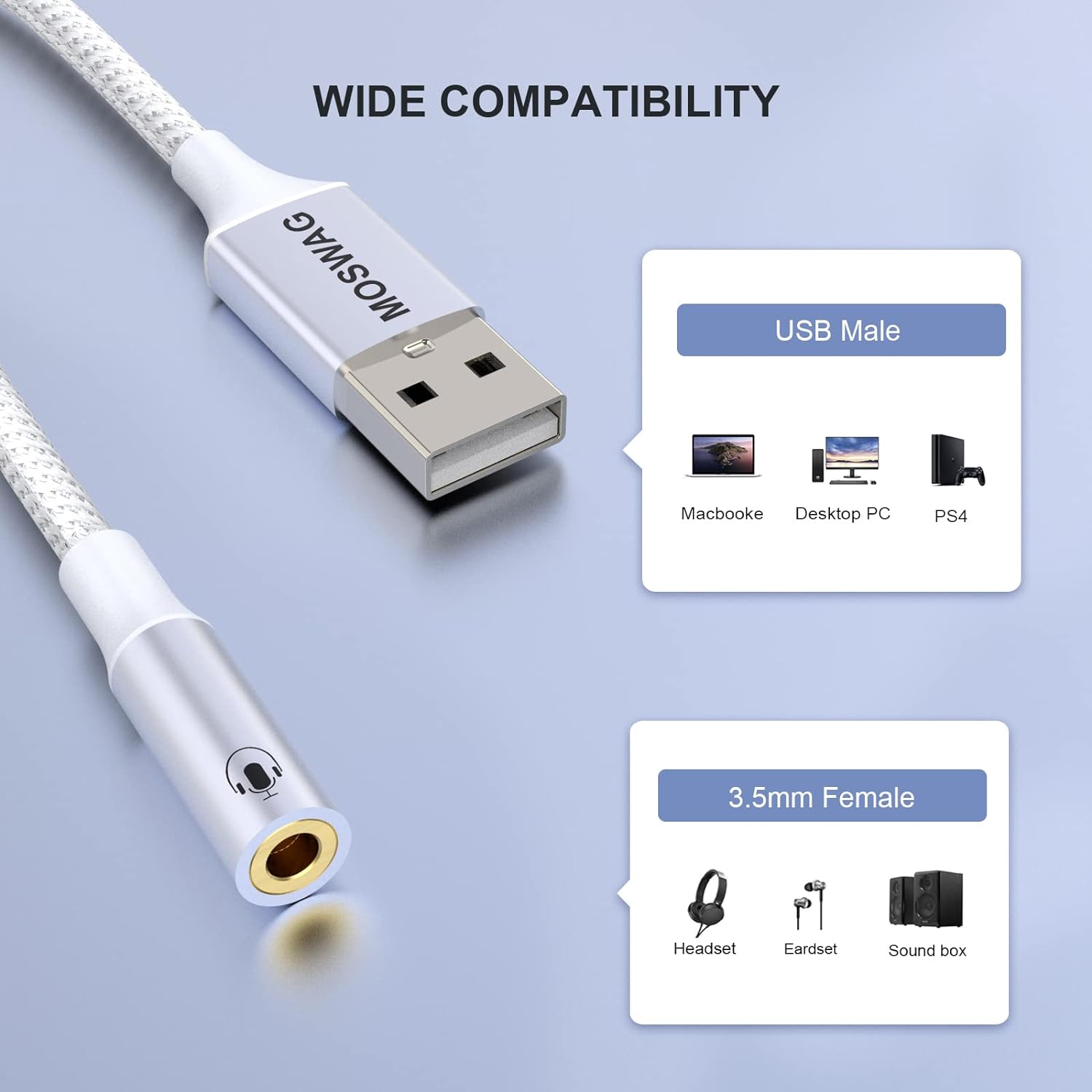 Кабель MOSWAG USB to AUX 0.2м white - Зображення 2