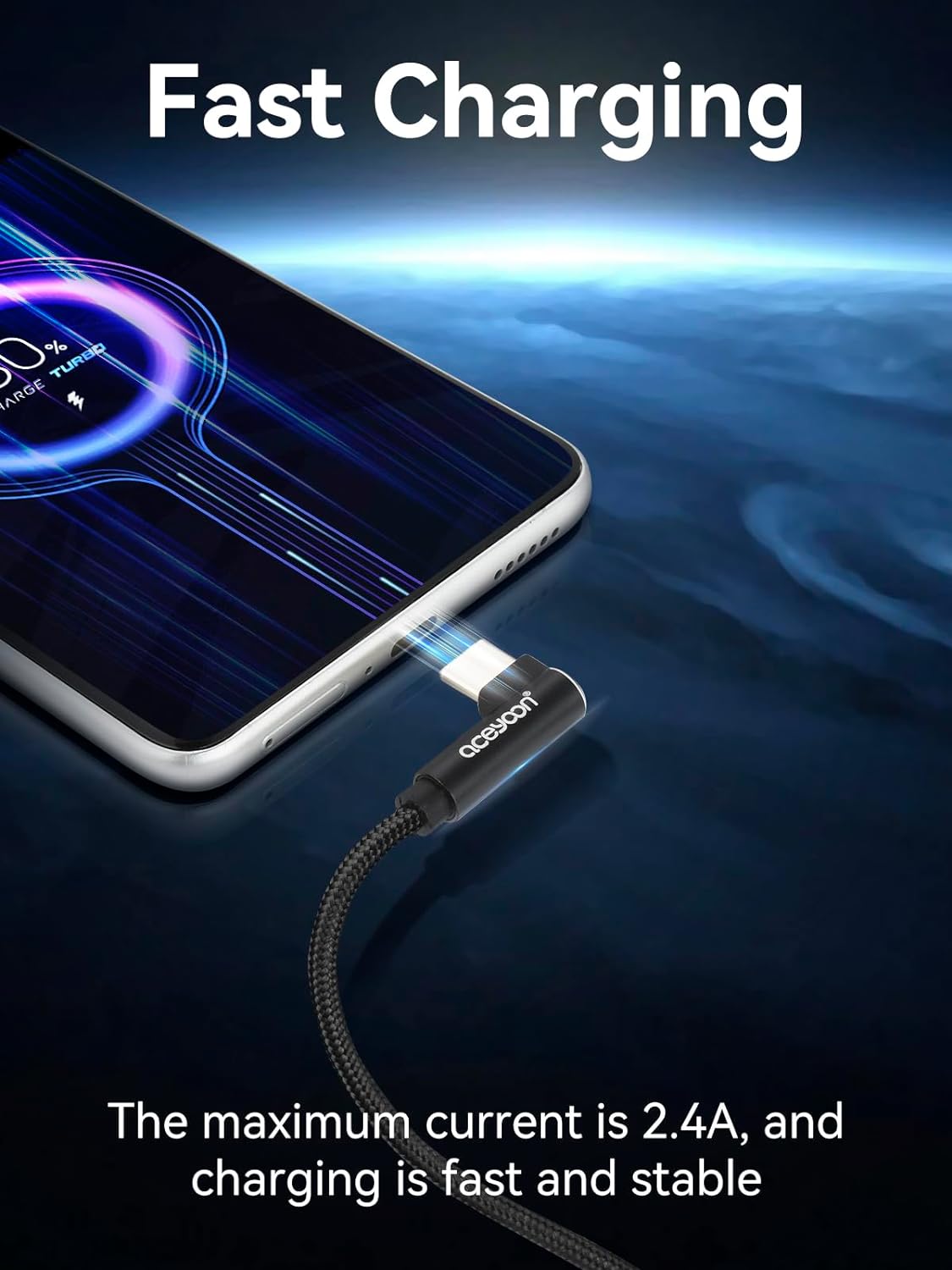 Кабель aceyoon Type A to Type-C USB2.0, 2.4A, 0.2м чорний - Зображення 2