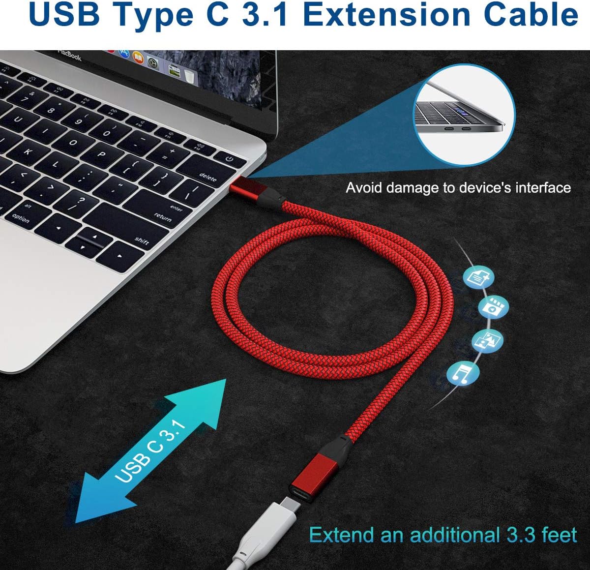 Кабель-подовжувач BASESAILOR Type-C to Type-C USB3.1 Gen2 10Gbps 100W 1м Red - Зображення 2