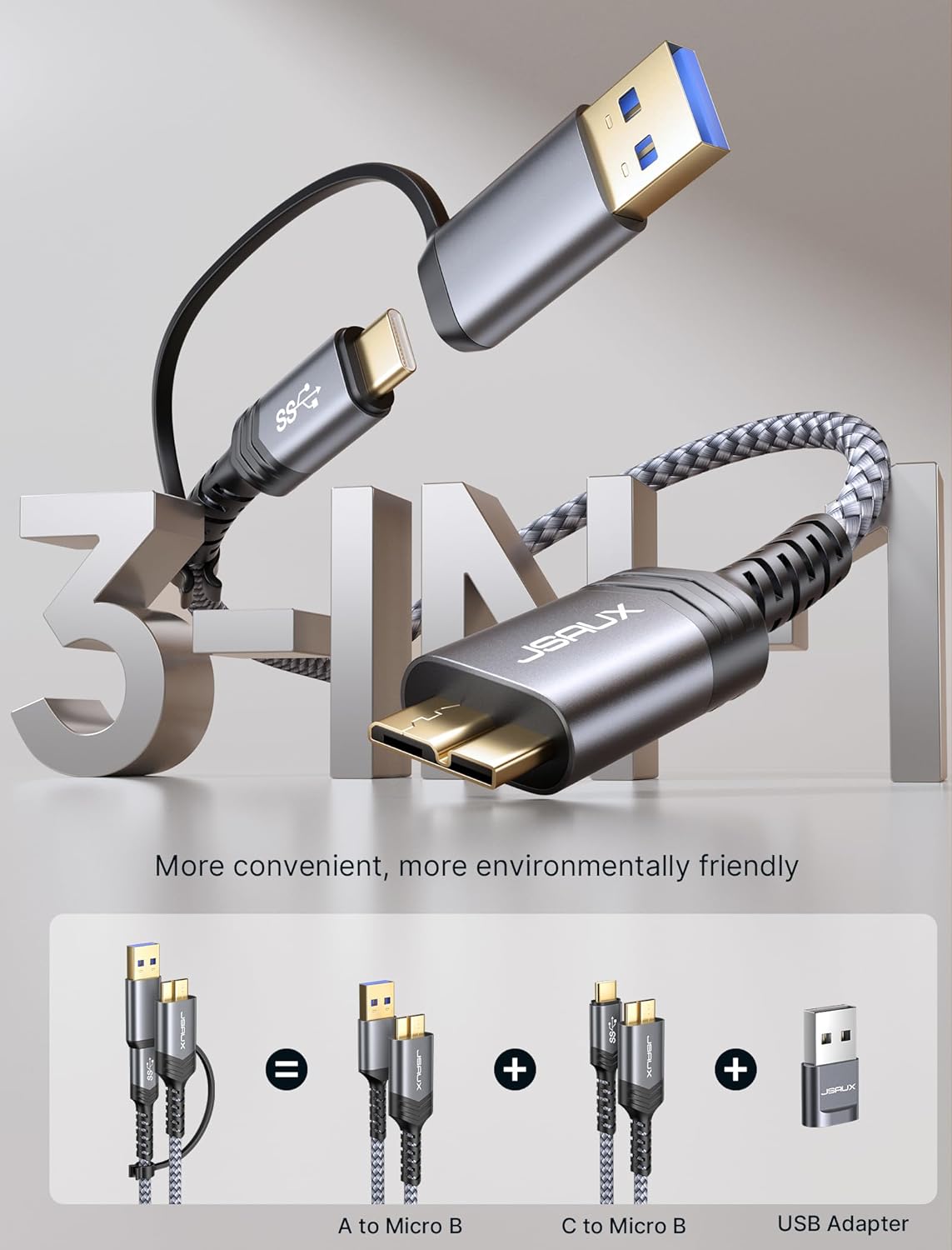 Кабель JSAUX USB 3.1 USB A/C Male to Micro B Male 20Gbps 0.5м grey - Зображення 2