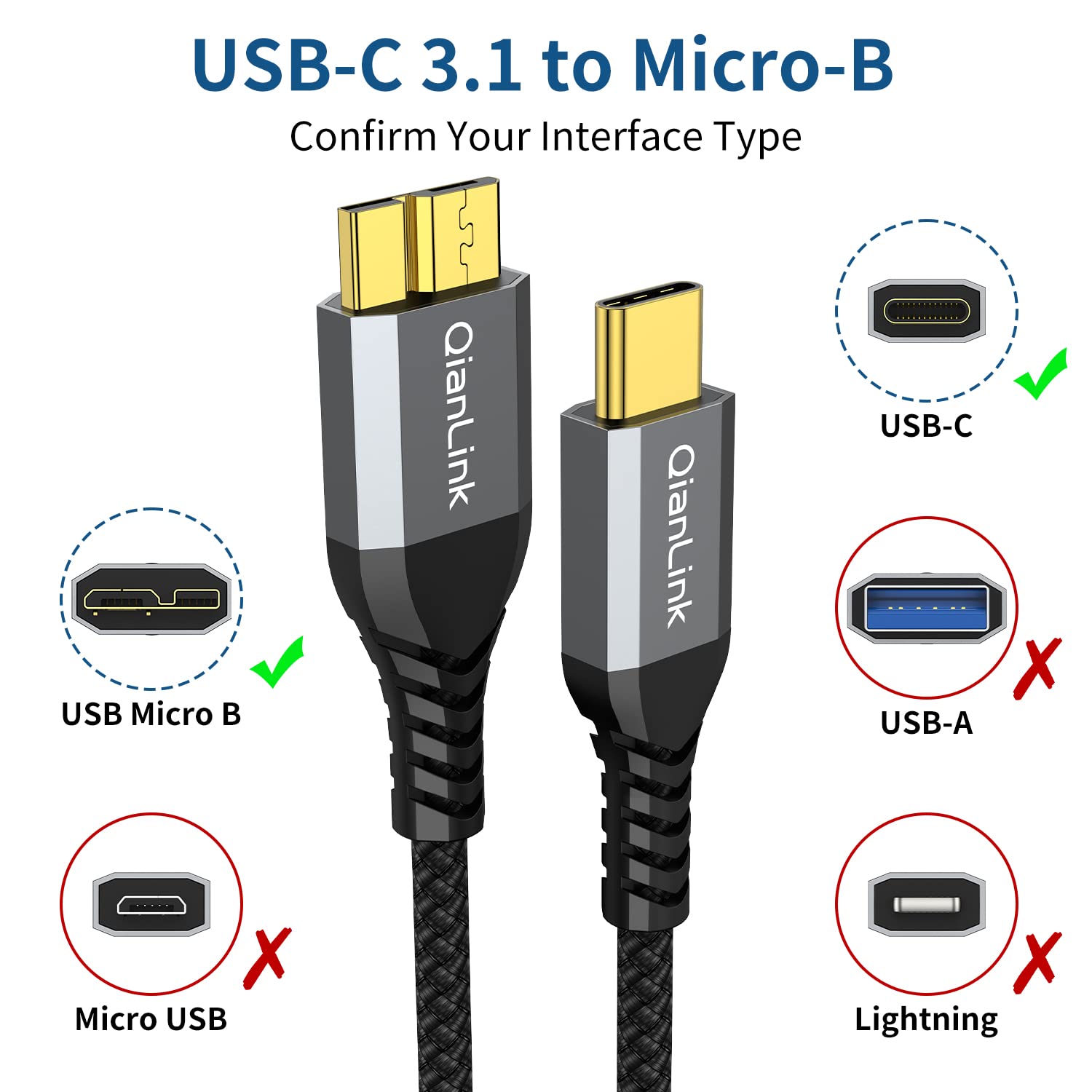 Кабель QianLink USB 3.1 Type C Male to Micro B Male 0.5м - Зображення 2