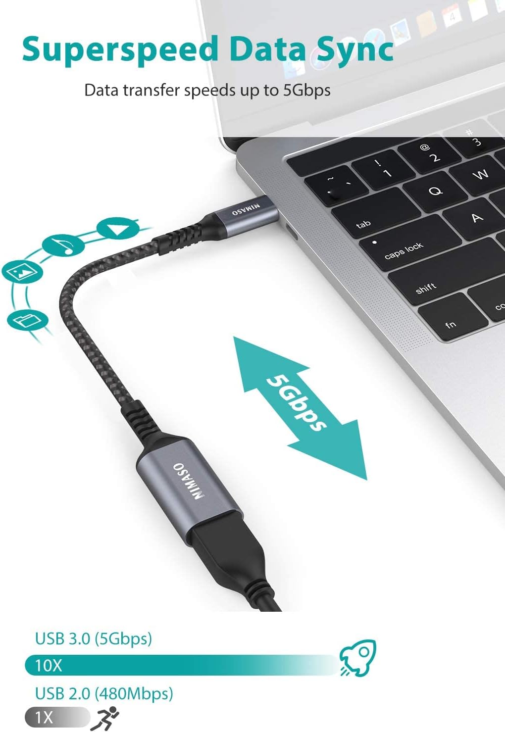 Адаптер-перехідник NIMASO USB C to USB 3.0 5Gbps 0.12м сірий - Зображення 2