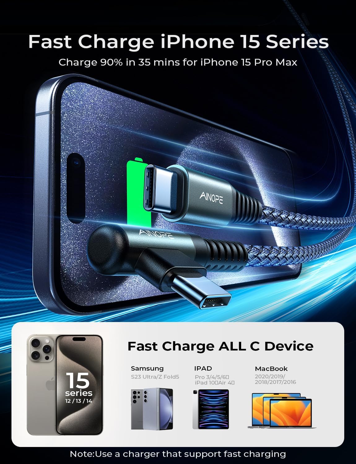 Кабель AINOPE Type-C to Type-C 100Вт, 90 Degree Up Angle, 2м, Grey - Зображення 3