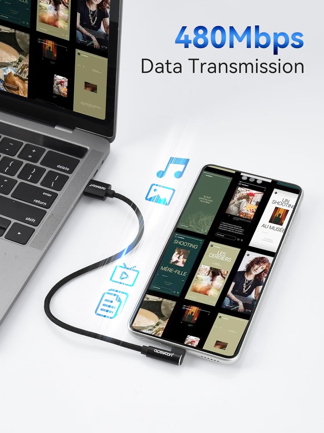 Кабель aceyoon Type A to Type-C USB2.0, 2.4A, 0.2м чорний - Зображення 3