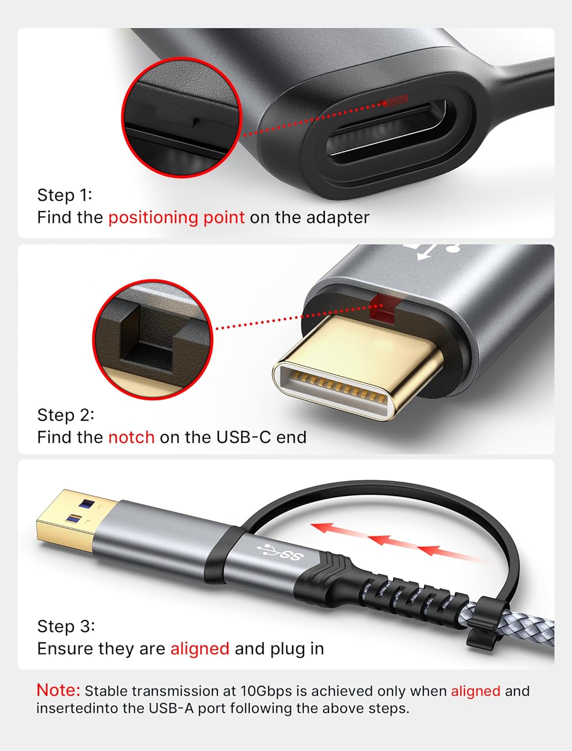 Кабель JSAUX USB 3.1 USB A/C Male to Micro B Male 20Gbps 0.5м grey - Зображення 3