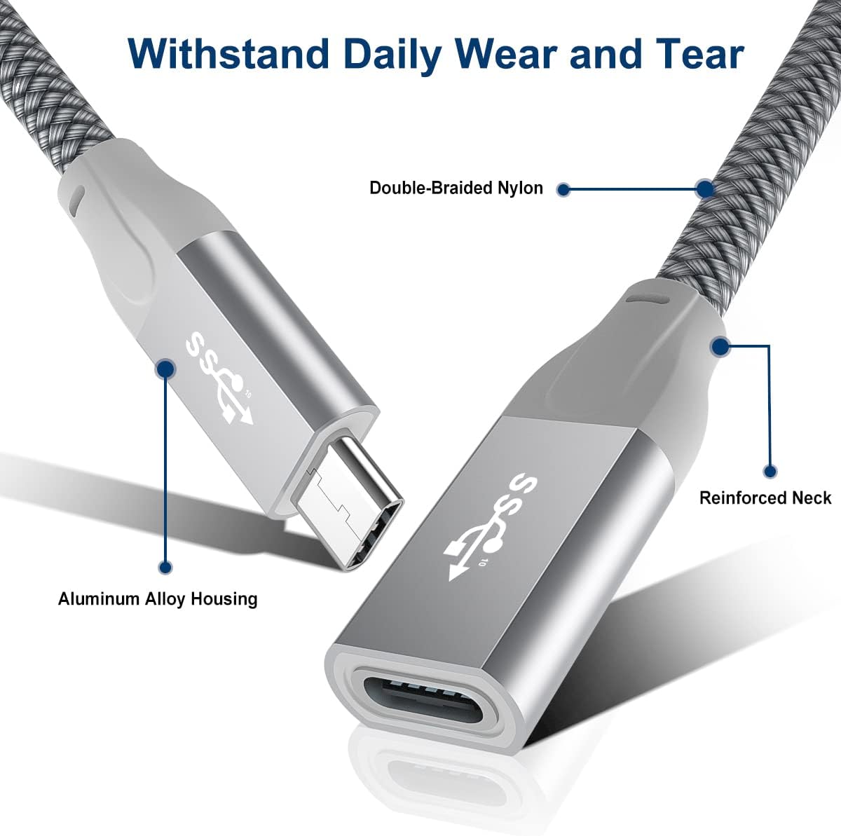 Кабель-подовжувач BASESAILOR Type-C to Type-C USB3.1 Gen2 10Gbps 100W 2м Silver - Зображення 4