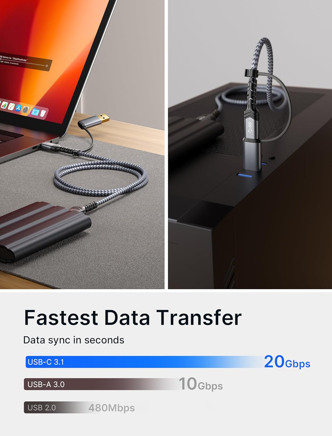 Кабель JSAUX USB 3.1 USB A/C Male to Micro B Male 20Gbps 0.5м grey - Зображення 4