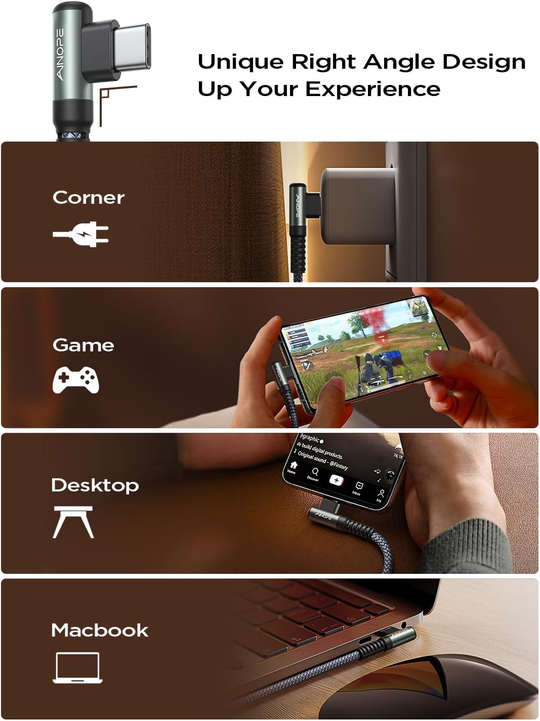 Кабель AINOPE Type-C to Type-C 100Вт, 90 Degree Up Angle, 2м, Grey - Зображення 5