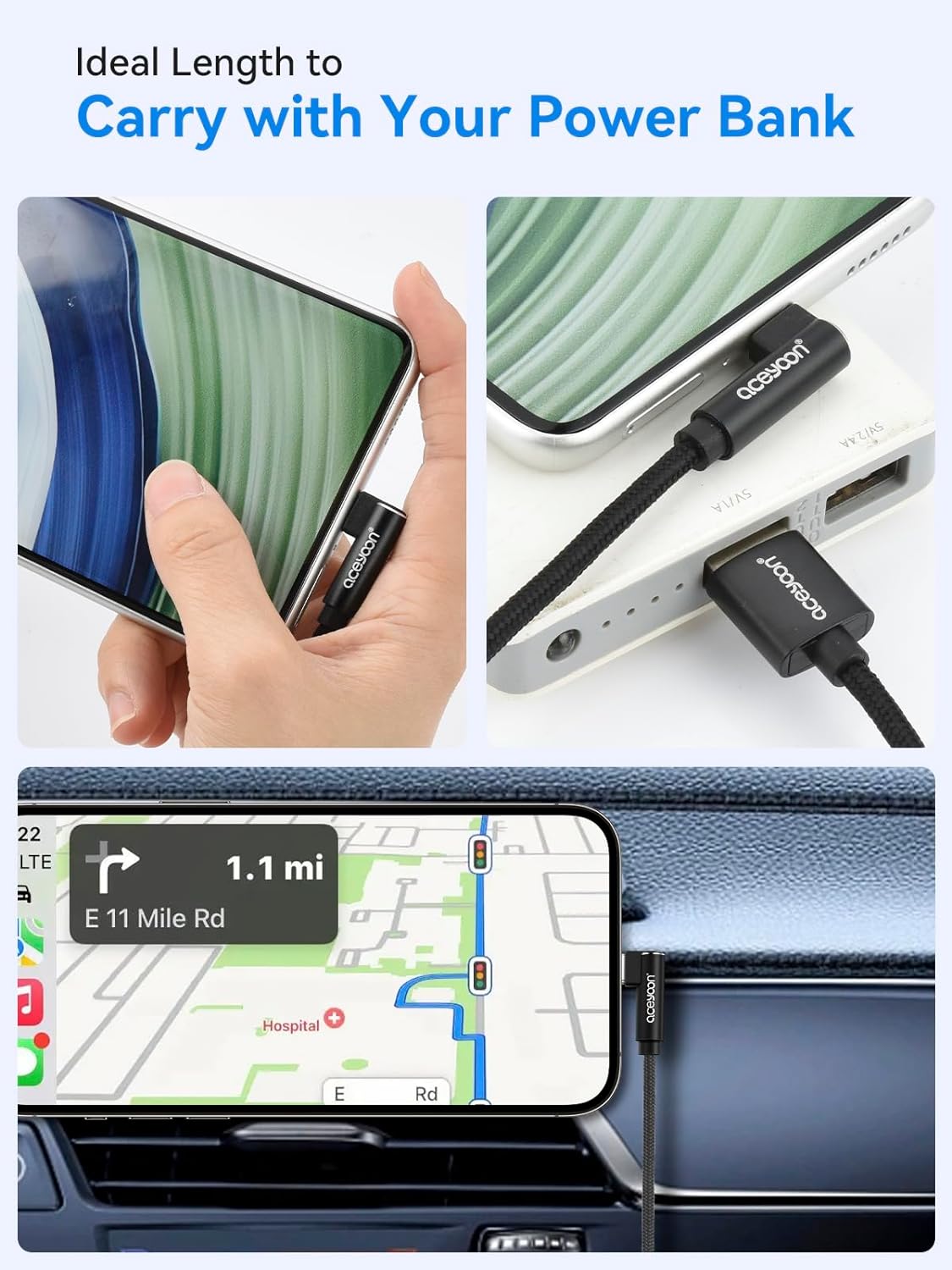 Кабель aceyoon Type A to Type-C USB2.0, 2.4A, 0.2м чорний - Зображення 6