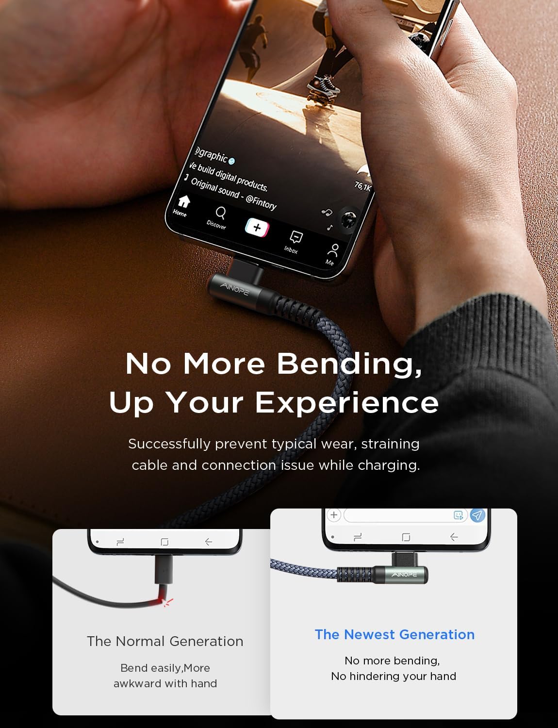 Кабель AINOPE Type-C to Type-C 100Вт, 90 Degree Up Angle, 2м, Grey - Зображення 6