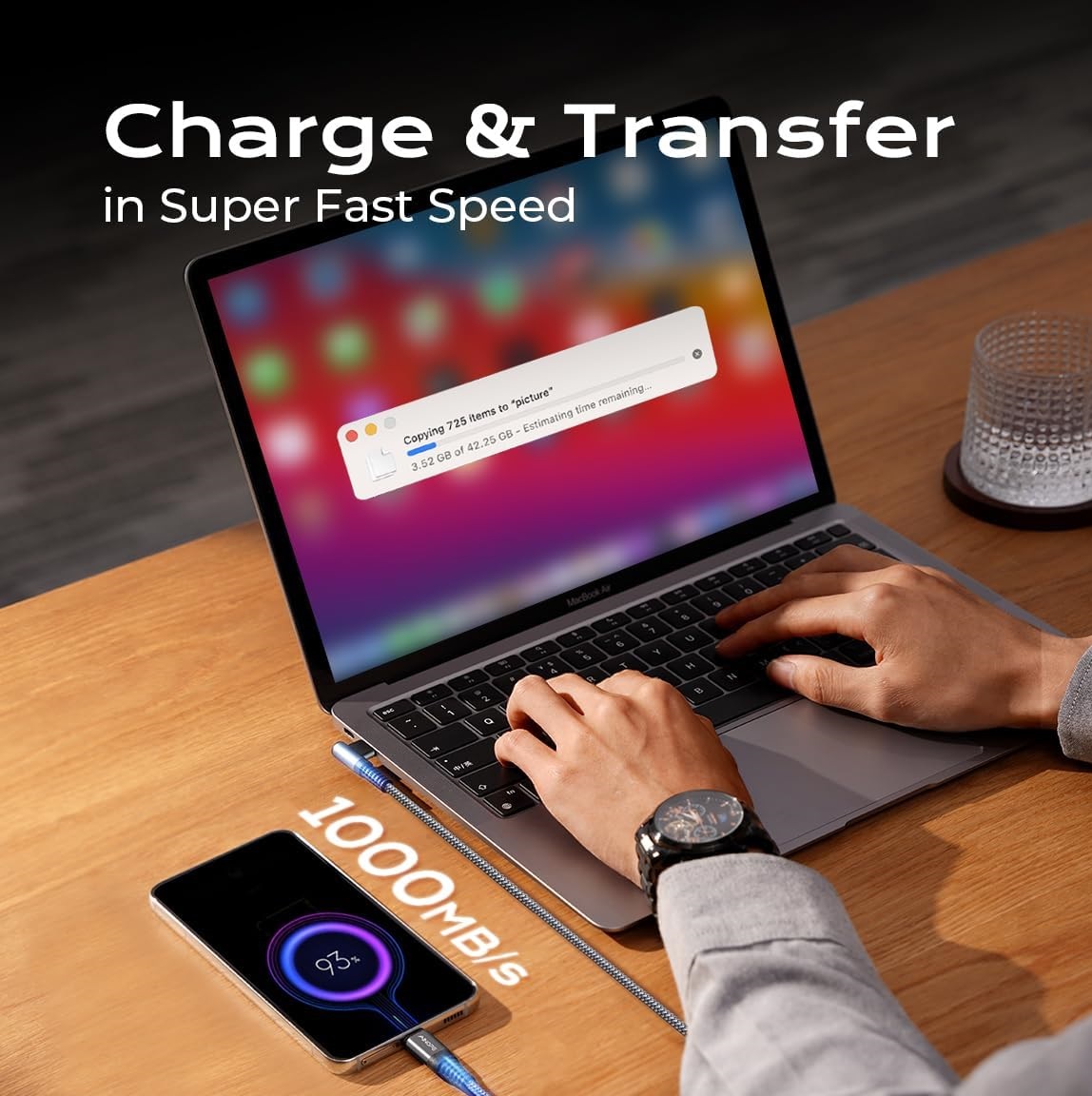 Кабель AINOPE Type-C to Type-C 100Вт, 90 Degree Up Angle, 2м, Grey - Зображення 8