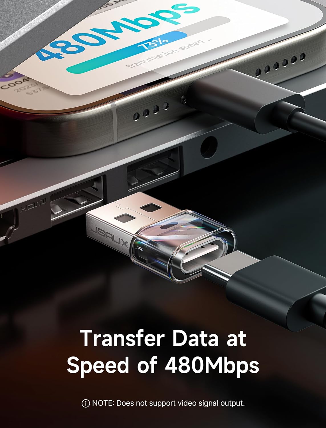 Адаптер-перехідник JSAUX Type-C to USB 2.0 480Mbps 3.1A Obsidian - Зображення 3