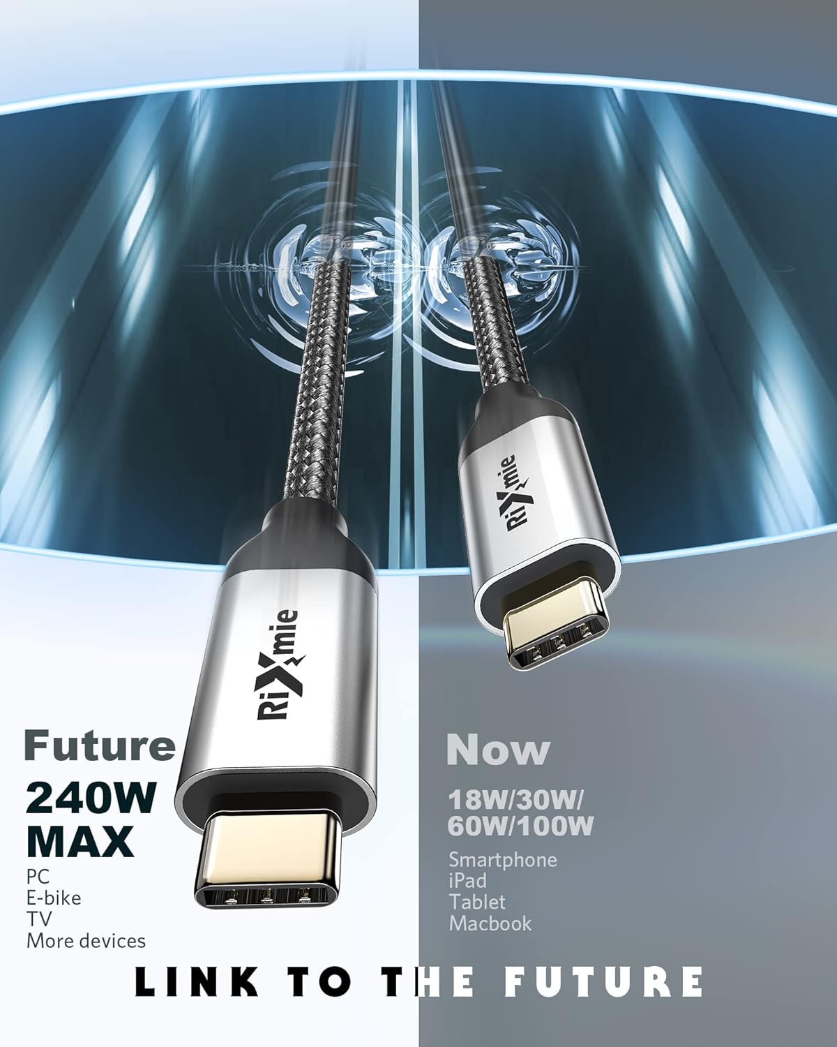 Кабель Rixmie Type-C to Type-C USB3.1 Gen2, 240W, 20Gbps, 1м, black - Зображення 2