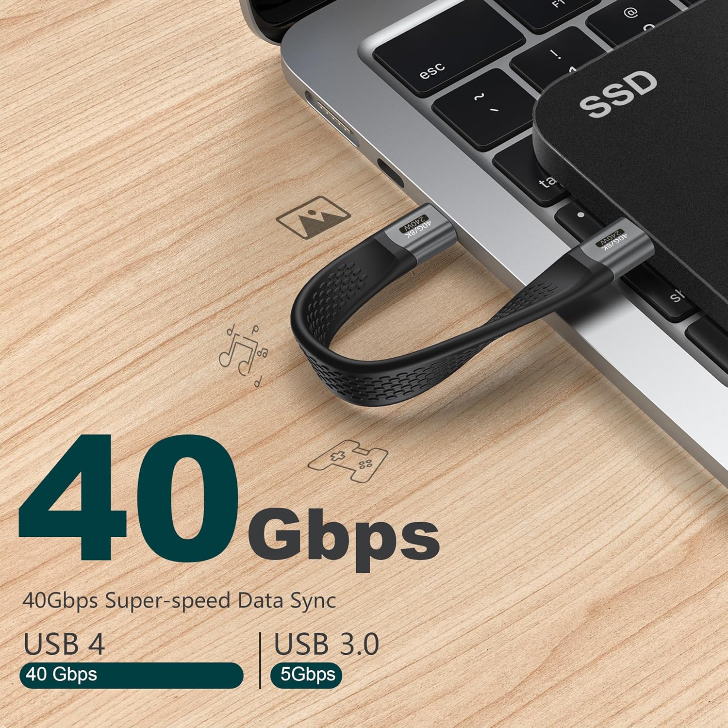 Кабель KETSOOBI USB-C FPC Cable USB4, 240W, 8K/4K Video, 40Gbps, 0.13м, black - Зображення 2