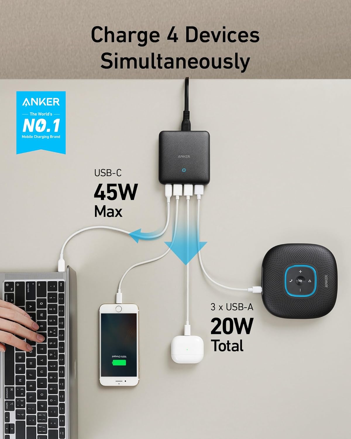 Зарядний пристрій Anker 65W 4 Port Charging Station, PIQ 3.0 & GaN (A2045) - Зображення 2