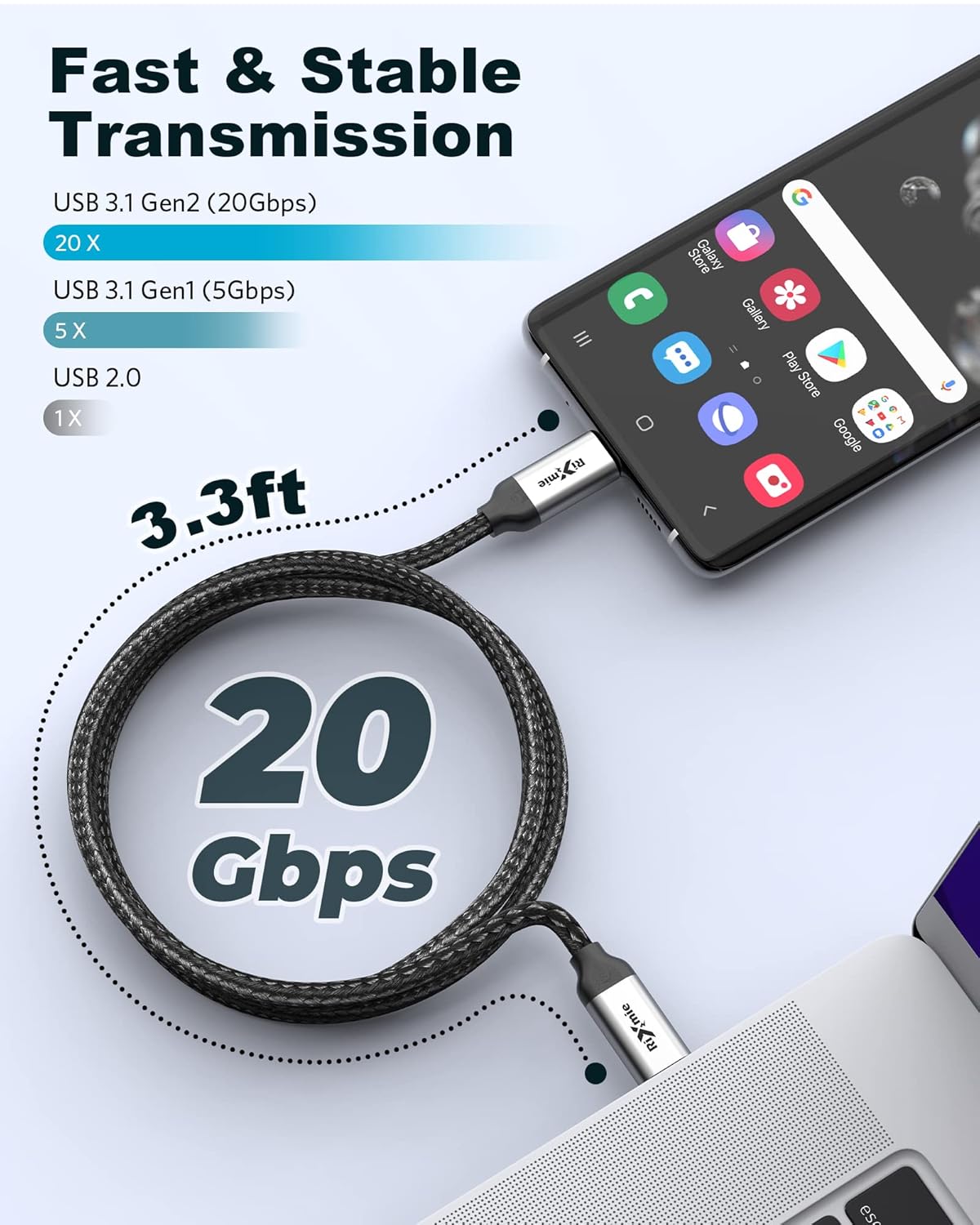 Кабель Rixmie Type-C to Type-C USB3.1 Gen2, 240W, 20Gbps, 1м, black - Зображення 3