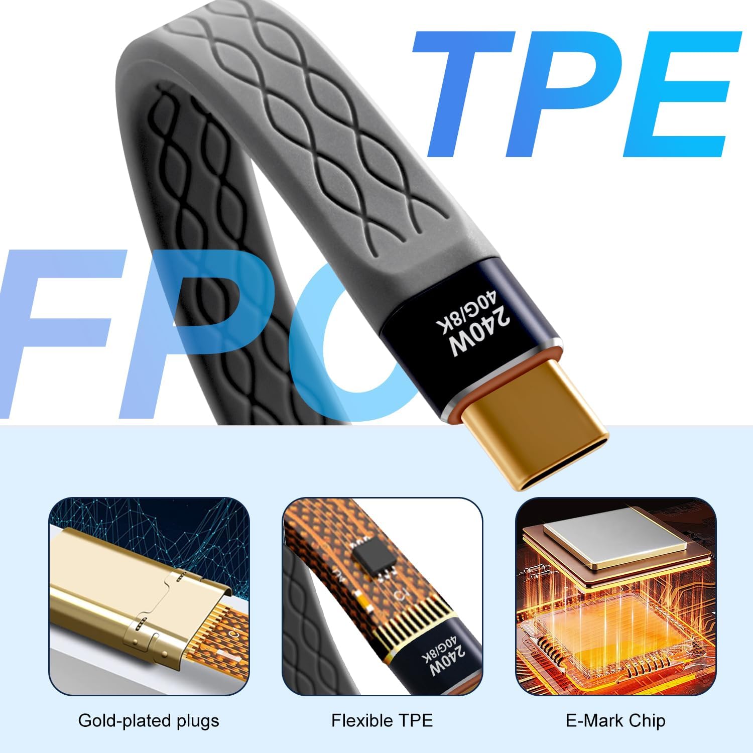 Кабель YoungSelly (APEXSUN) USB-C FPC Cable USB4, 240W, 8K/4K Video, 40Gbps, 0.13м - Зображення 3