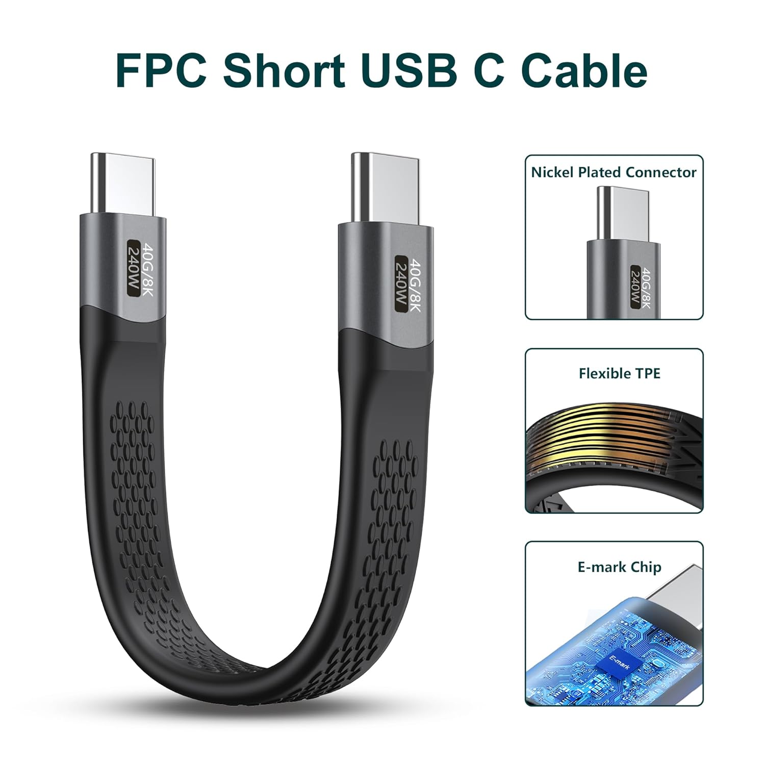 Кабель KETSOOBI USB-C FPC Cable USB4, 240W, 8K/4K Video, 40Gbps, 0.13м, black - Зображення 4