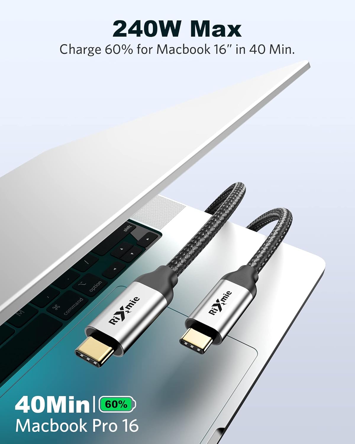 Кабель Rixmie Type-C to Type-C USB3.1 Gen2, 240W, 20Gbps, 1м, black - Зображення 5