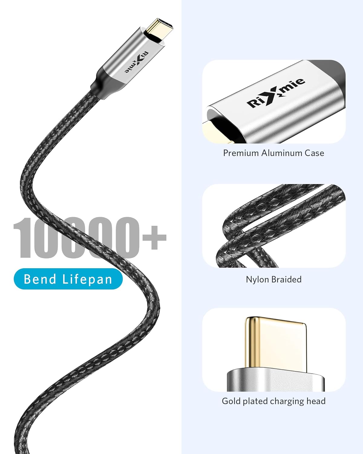 Кабель Rixmie Type-C to Type-C USB3.1 Gen2, 240W, 20Gbps, 1м, black - Зображення 7