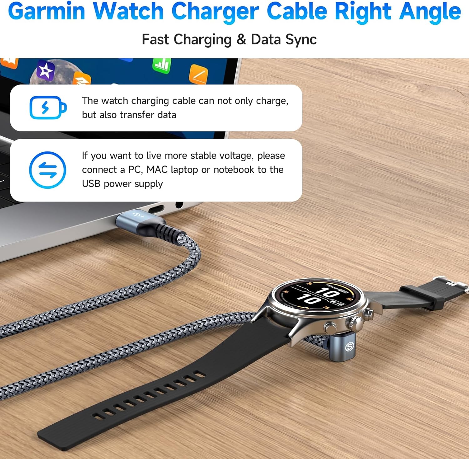 Кабель заряджання Sweguard для Garmin Watch Right Angle 1.2м, сірий - Зображення 2