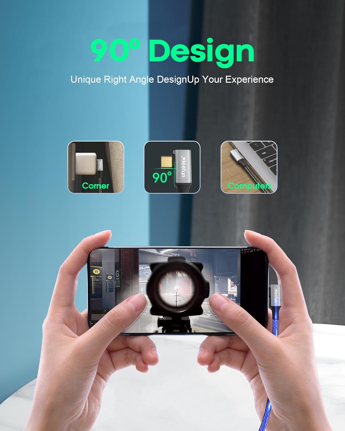 Кабель-подовжувач CLEEFUN Type-C to Type-C USB3.2 100W 90 Degree 2м Grey - Зображення 4