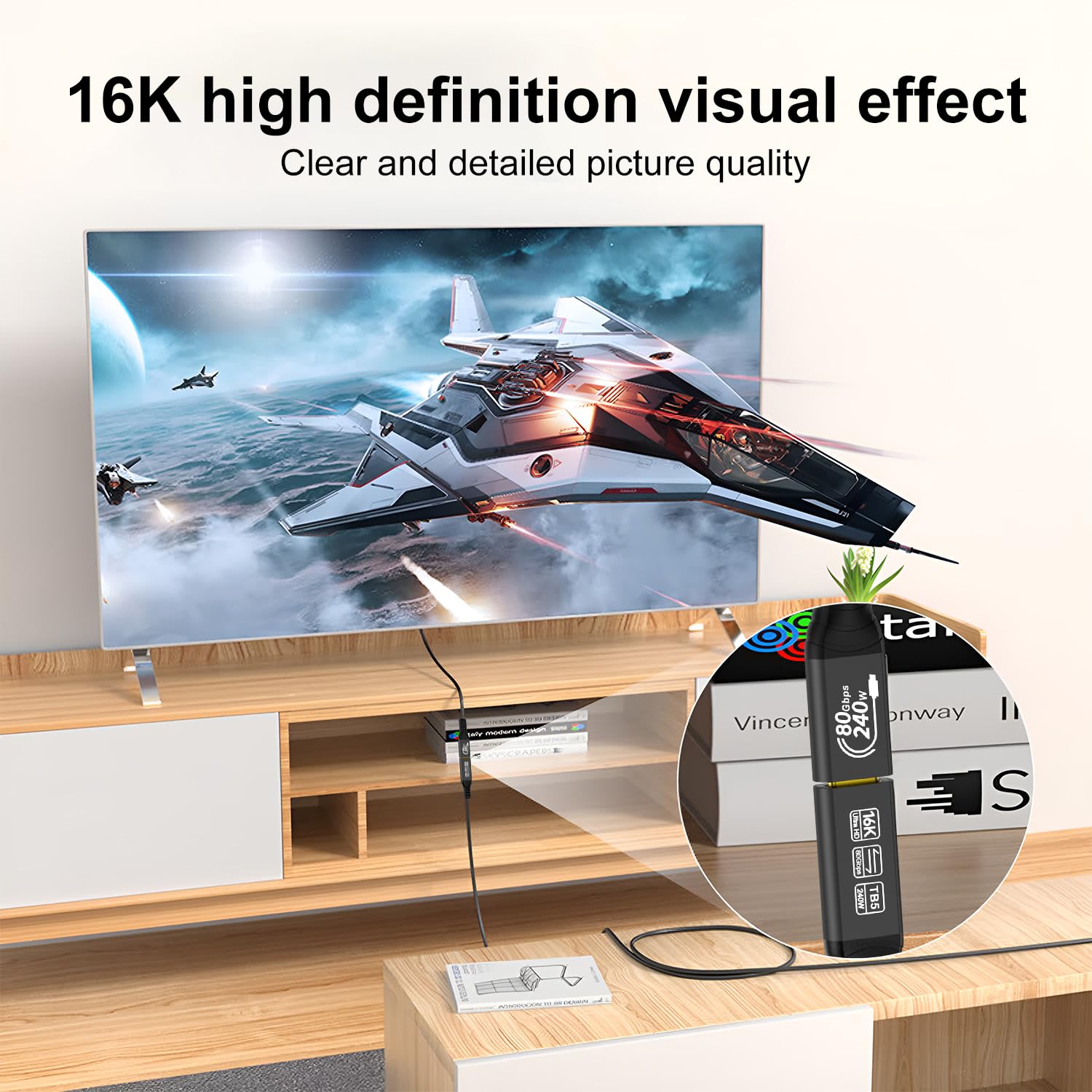 Кабель подовжувач ConnBull USB-C Coaxial Cable Thunderbolt 5, 240W, 16K/8K Video, 80Gbps, 0.5м, black - Зображення 3