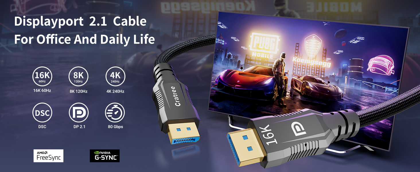 Кабель Cratree Displayport v2.1 16K@60Hz, 8K@120Hz, 4K@144Hz 77.4Gbps 2м чорний - Зображення 8