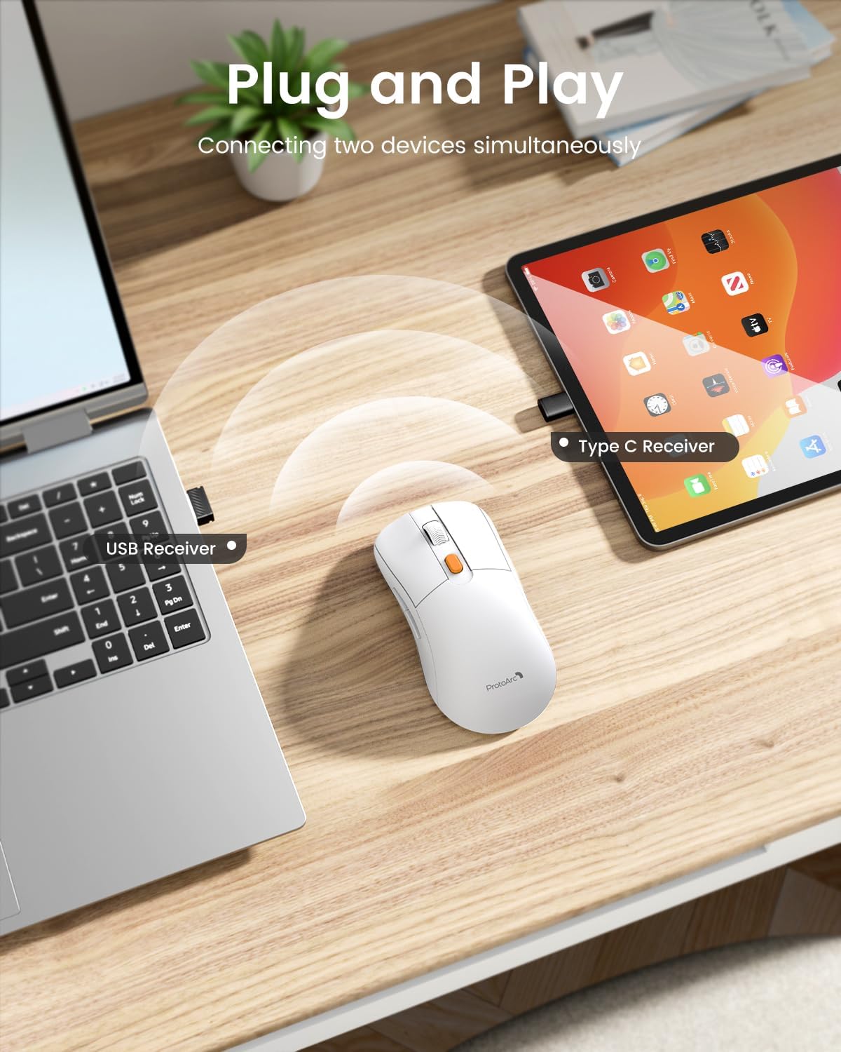 Миша ProtoArc EM15 Wireless Type A/C аккумуляторна, з функцією вігглер шейкер симулятор руху, біла - Зображення 2