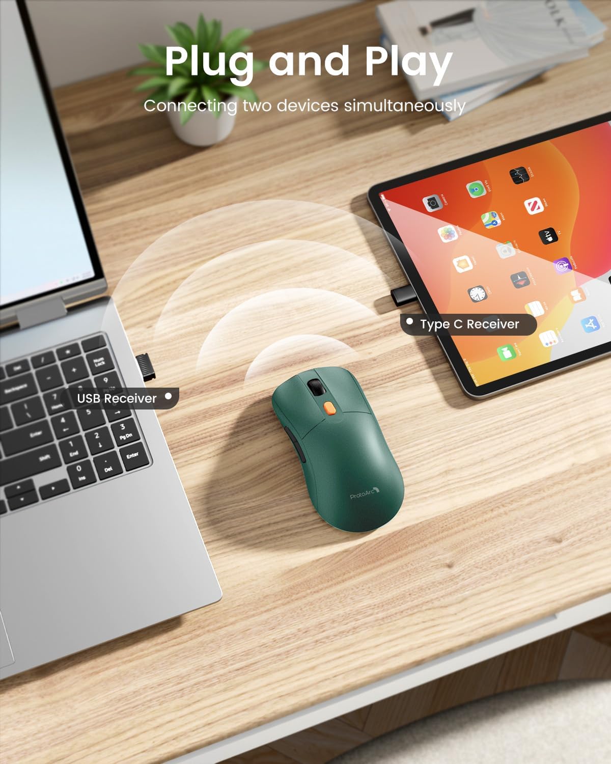 Миша ProtoArc EM15 Wireless Type A/C аккумуляторна, з функцією вігглер шейкер симулятор руху, зелена - Зображення 2