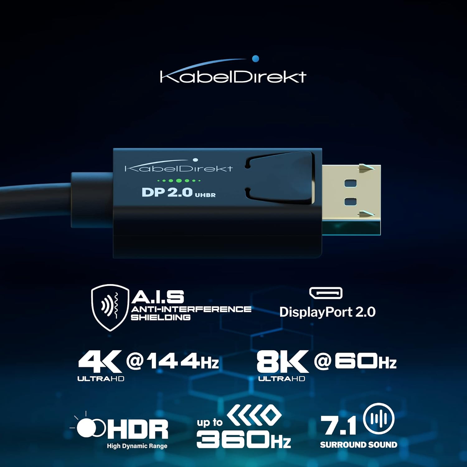 Кабель KabelDirekt Displayport v2.0, 8K@60Hz, 4K@144Hz, 2K@360Hz, 0.9м чорний - Зображення 2