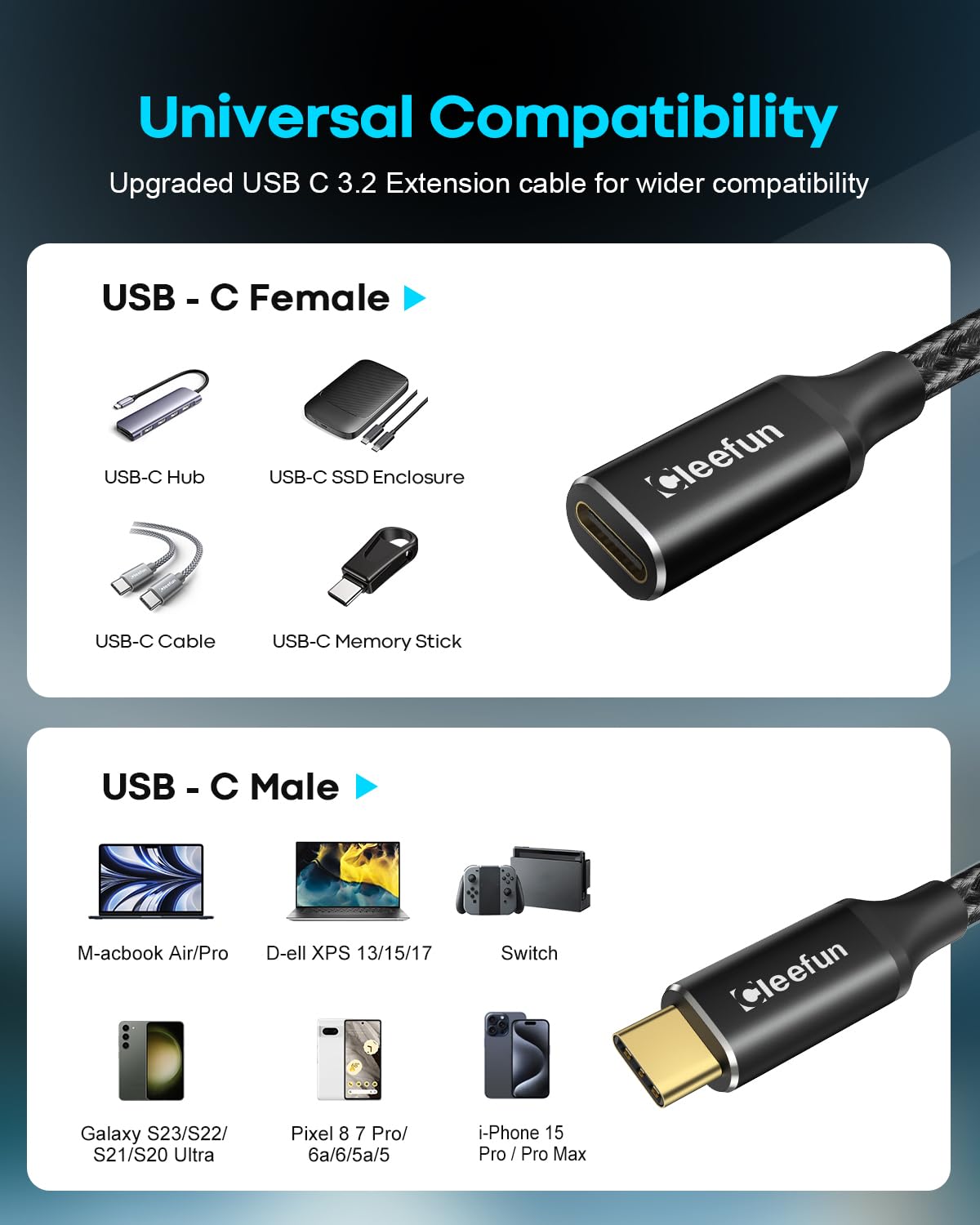 Кабель-подовжувач CLEEFUN Type-C to Type-C USB3.2 10Gbps 100W 0.3м, black - Зображення 5