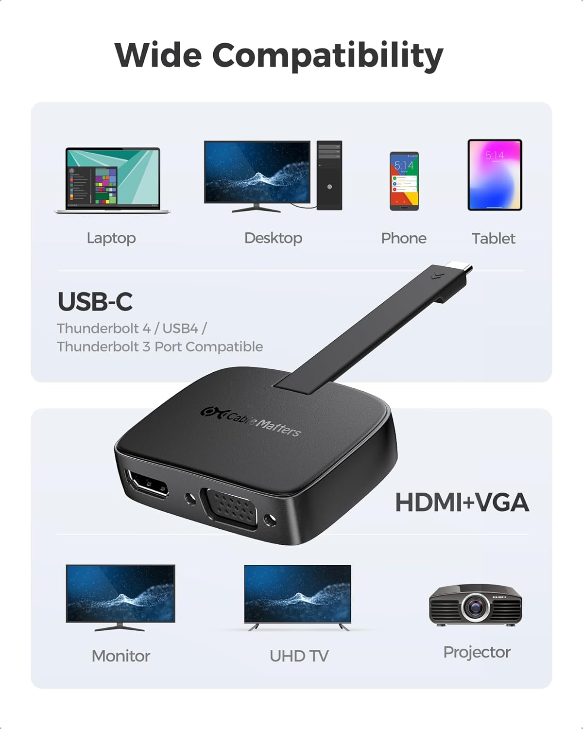 Адаптер-перехідник Cable Matters Type-C to HDMI (4K@60Hz), Type-C to VGA (1920x1080@60Hz) Black - Зображення 6