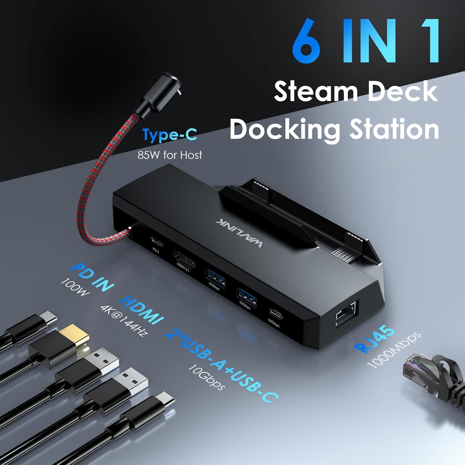 Док-станція WAVLINK для Steam Deck/ROG Ally/Legion Go Dock, 6-в-1 HDMI 4K@144Hz, Gigabit Ethernet, USB-A та 100 Вт USB-C - Зображення 2