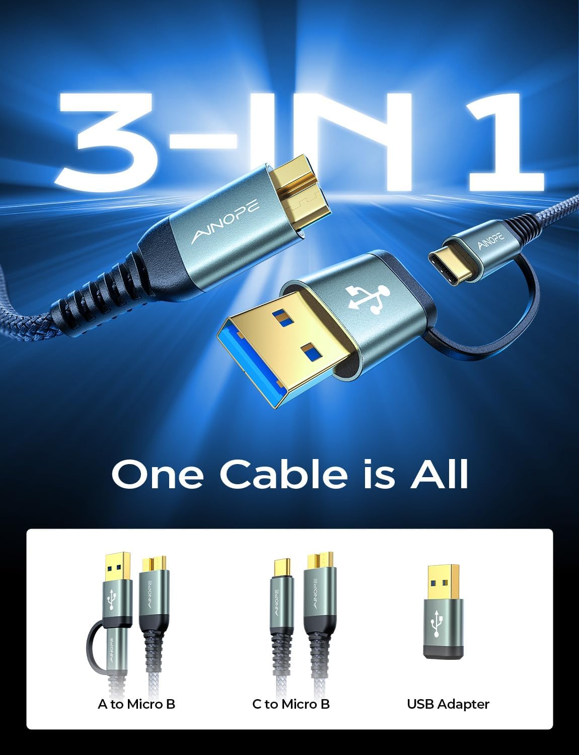 Кабель AINOPE USB 3.1 USB A/C Male to Micro B Male 10Gbps 0.5м grey - Зображення 2