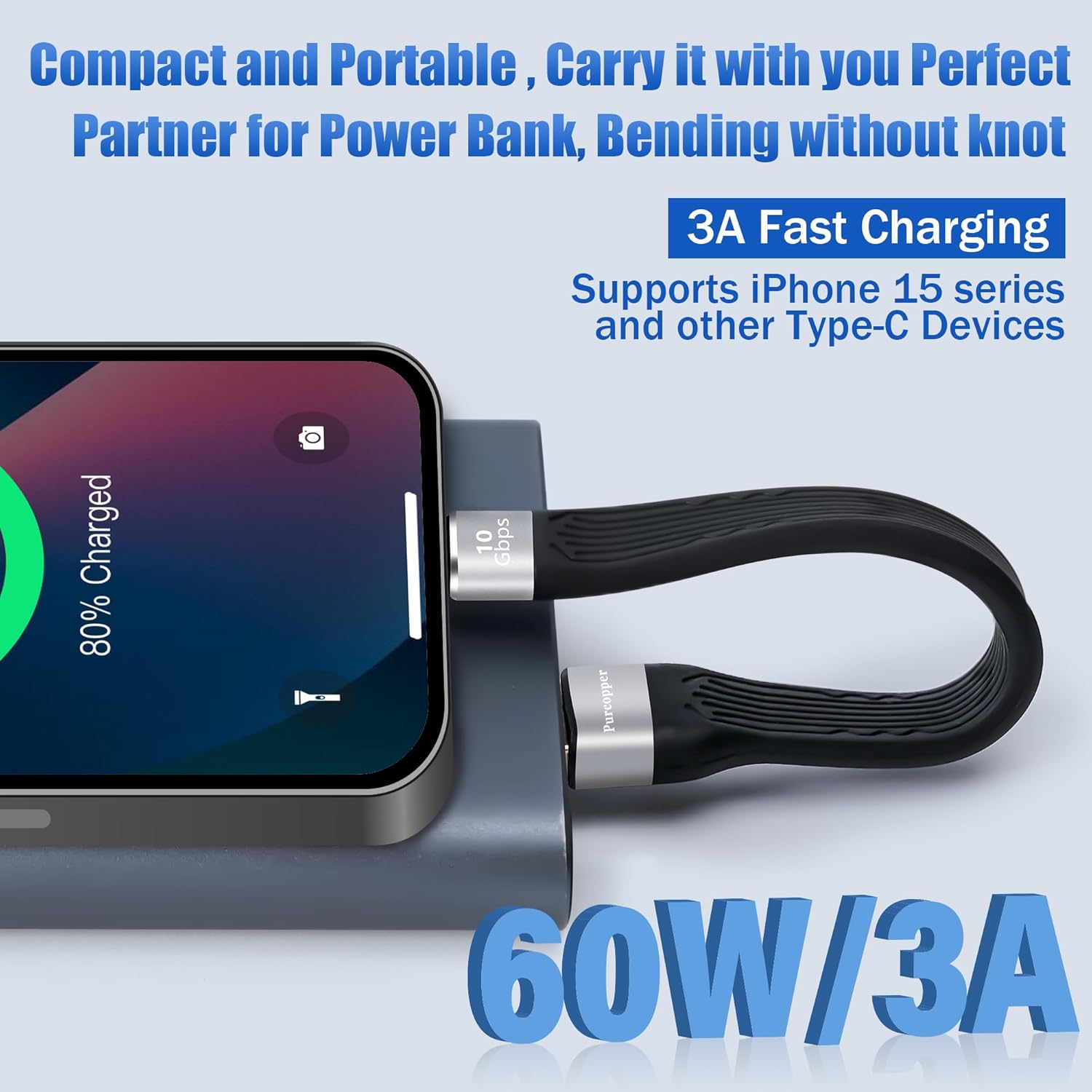 Кабель Purcopper USB A to USB-C 15Вт, USB 3.1, 10Gbps, 0.12м, black - Зображення 3