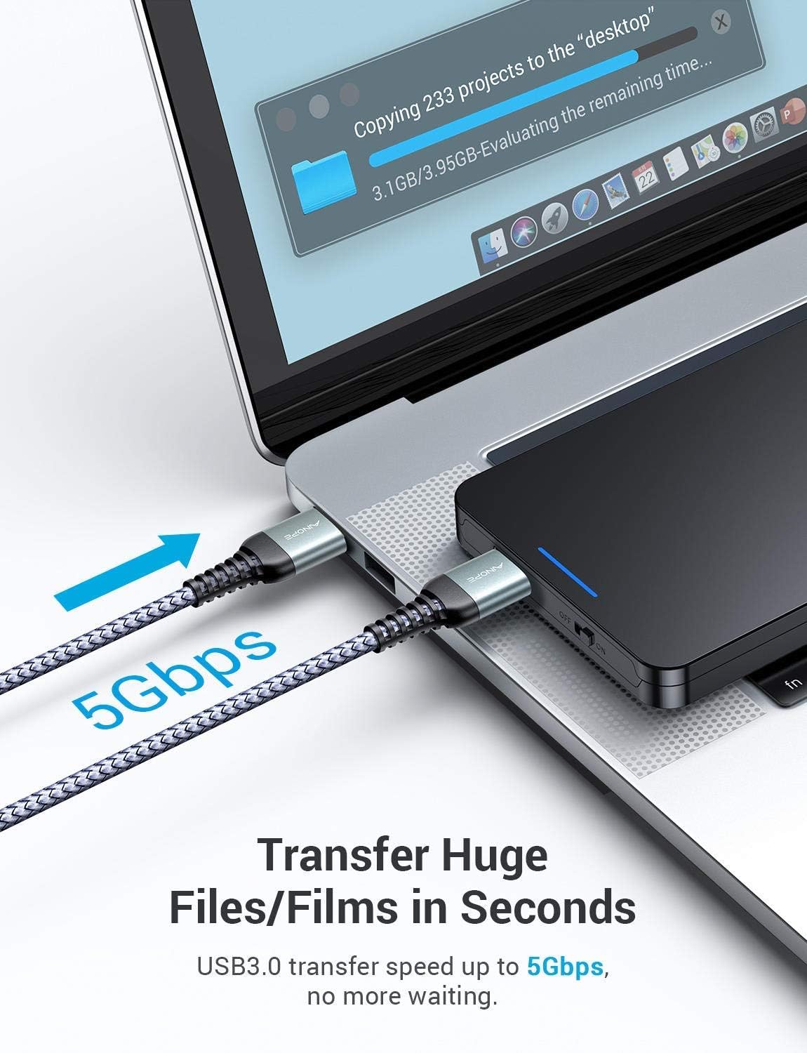 Кабель AINOPE USB A to USB A, USB 3.0 AM/AM, 5Gbps, 1м, grey - Зображення 4