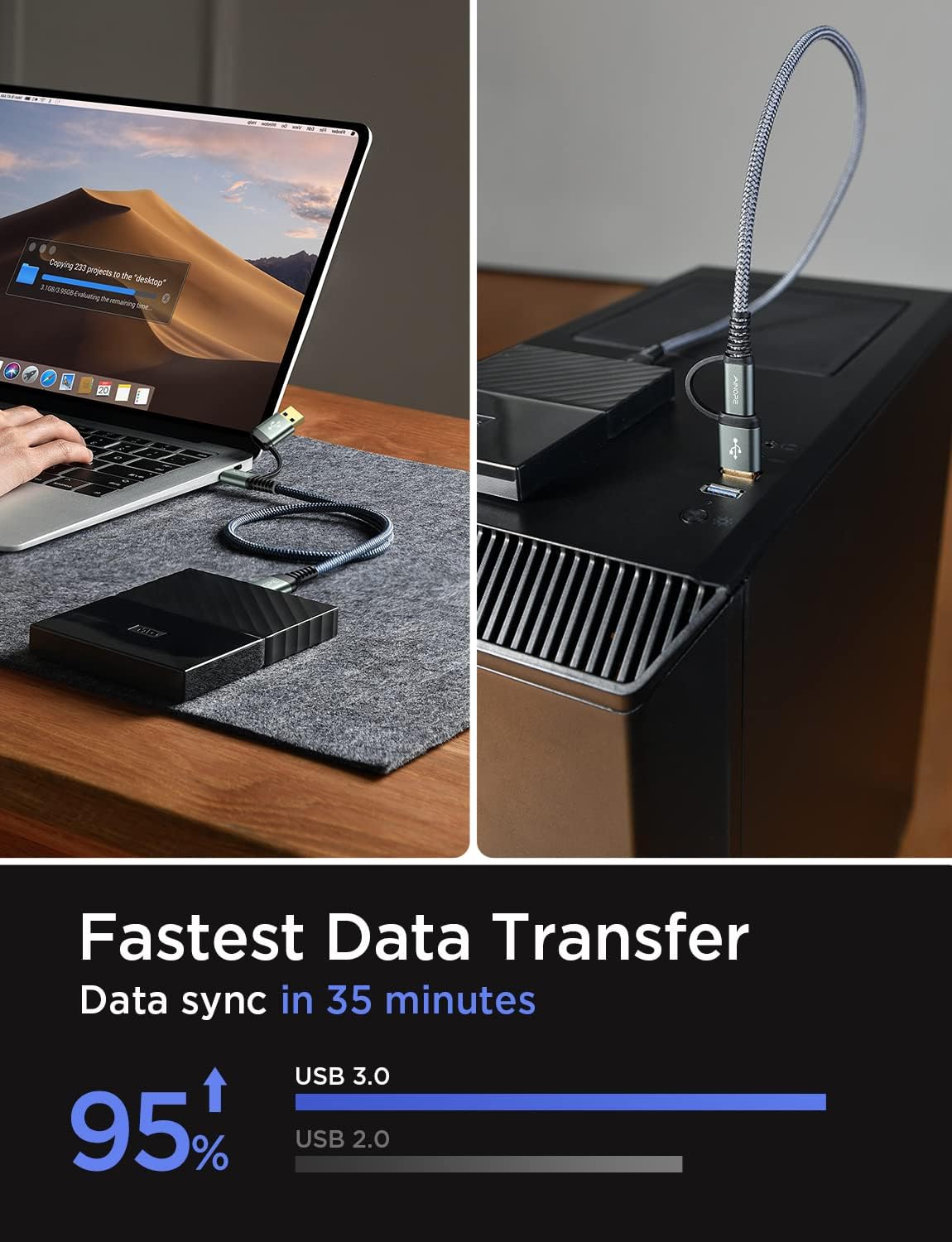 Кабель AINOPE USB 3.1 USB A/C Male to Micro B Male 10Gbps 0.5м grey - Зображення 6