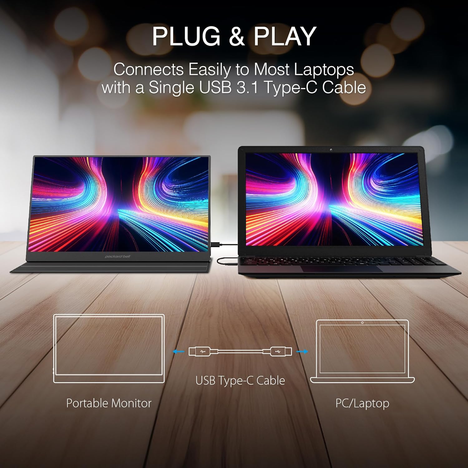 Монітор портативний Packard Bell 15.6" 1080P FHD USB-C, miniHDMI, HDR, IPS, VESA Mount & Smart Cover (M15600BK) - Зображення 2