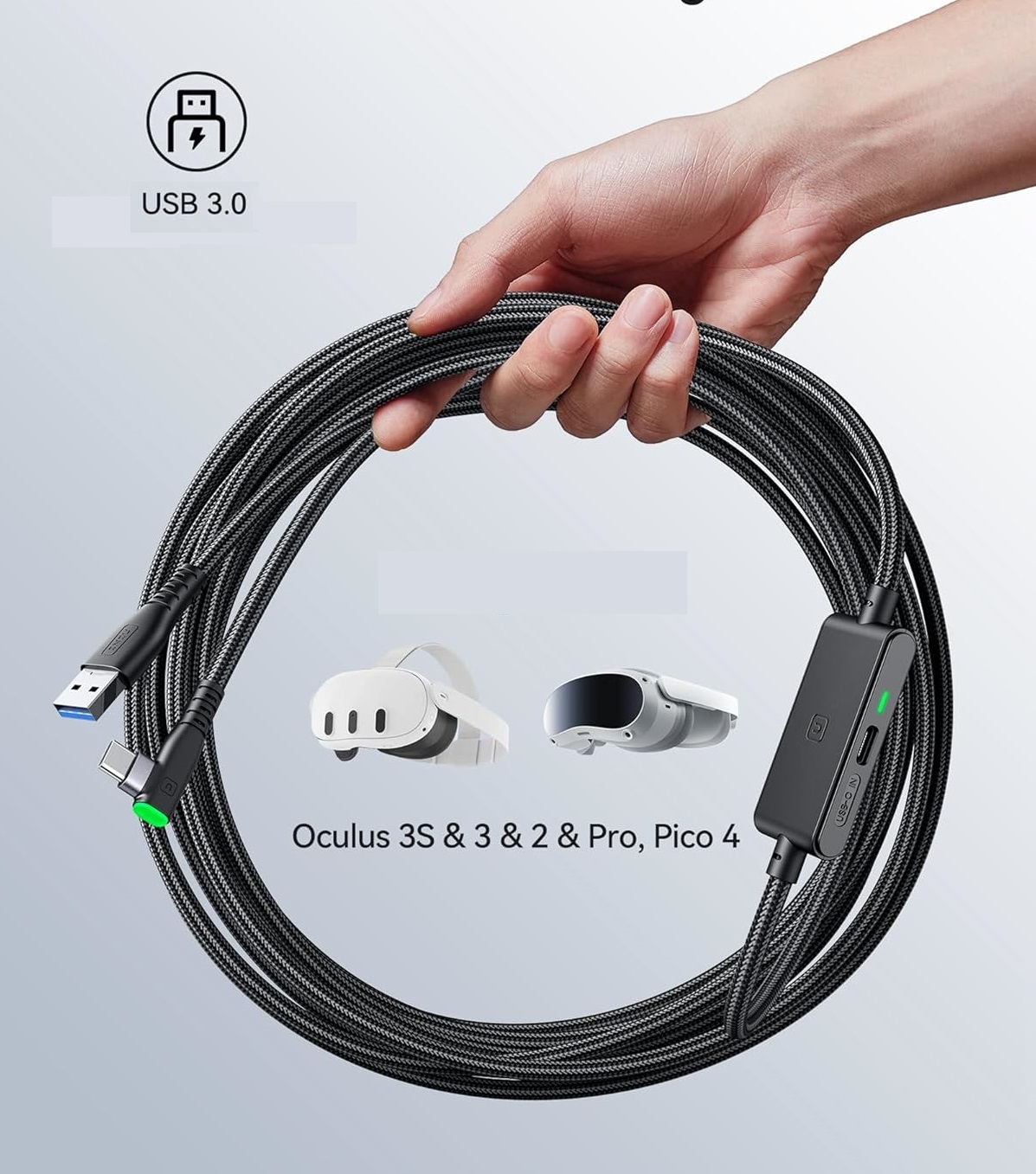 Кабель INIU USB 3.0 to USB C для Meta Quest 3S/Quest 3/Oculus Quest 2/Pico 4 з живленням, 5м, чорний - Зображення 3