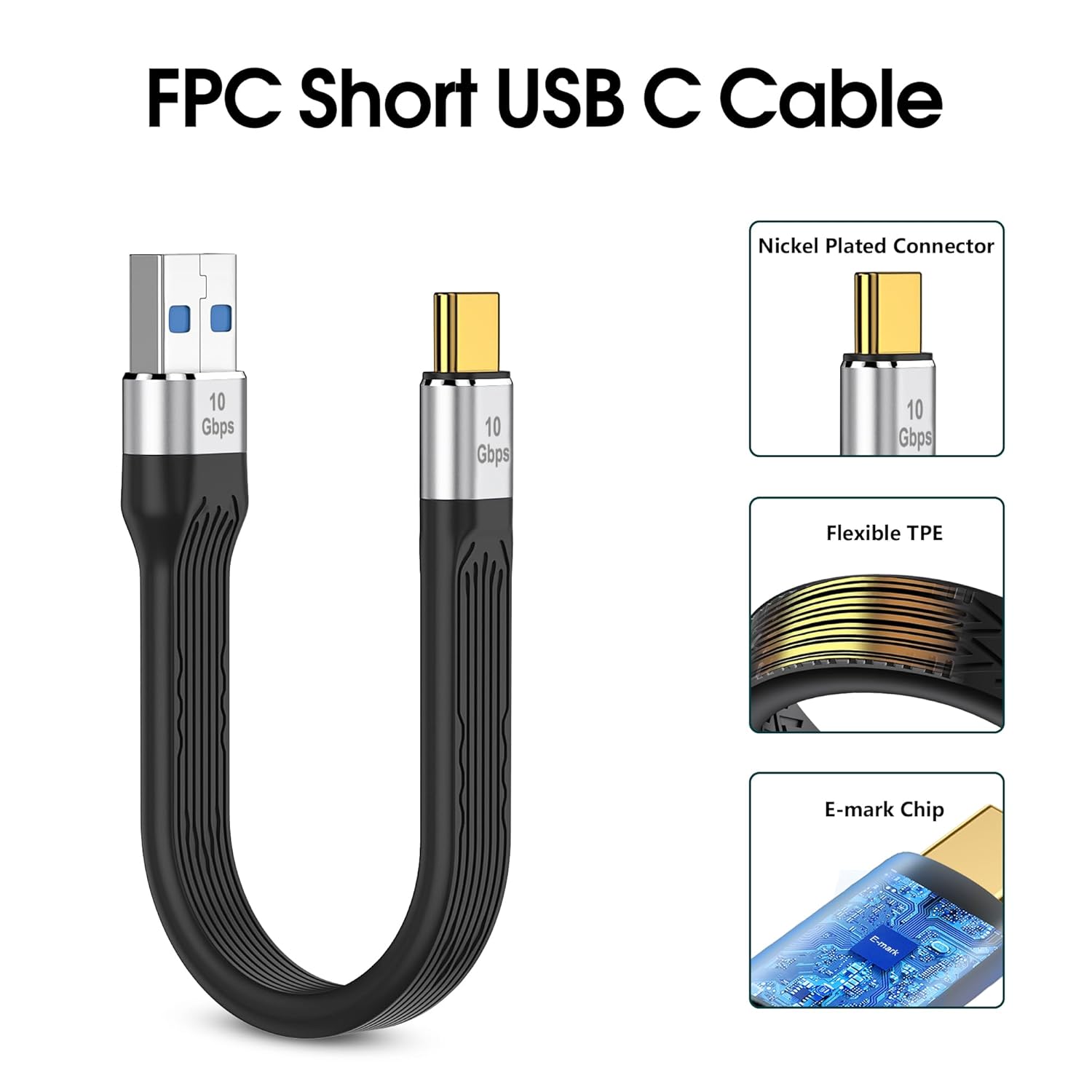 Кабель KETSOOBI USB A to USB-C 15Вт, USB 3.1, 10Gbps, 0.13м, black - Зображення 4