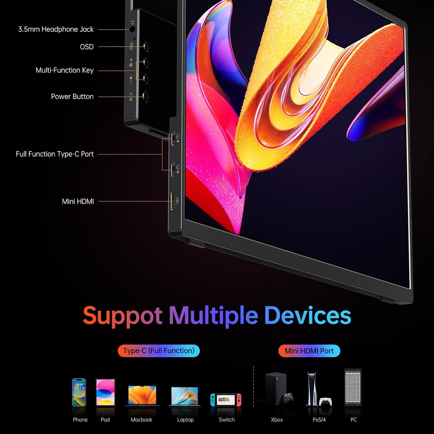 Монітор портативний VILVA 14" 1200P FHD USB-C, miniHDMI, HDR, IPS, Smart Cover (V140F1) - Зображення 6