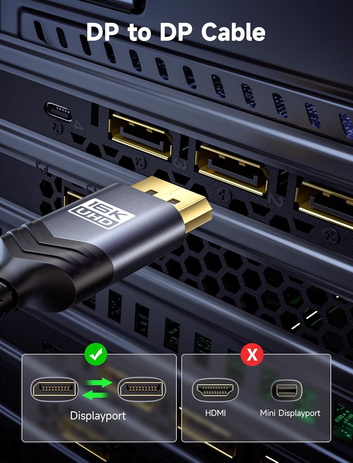 Кабель Jsaux Displayport v2.1 16K@60Hz, 8K@120Hz, 4K@240Hz, 80Gbps, 3м, сірий - Зображення 7