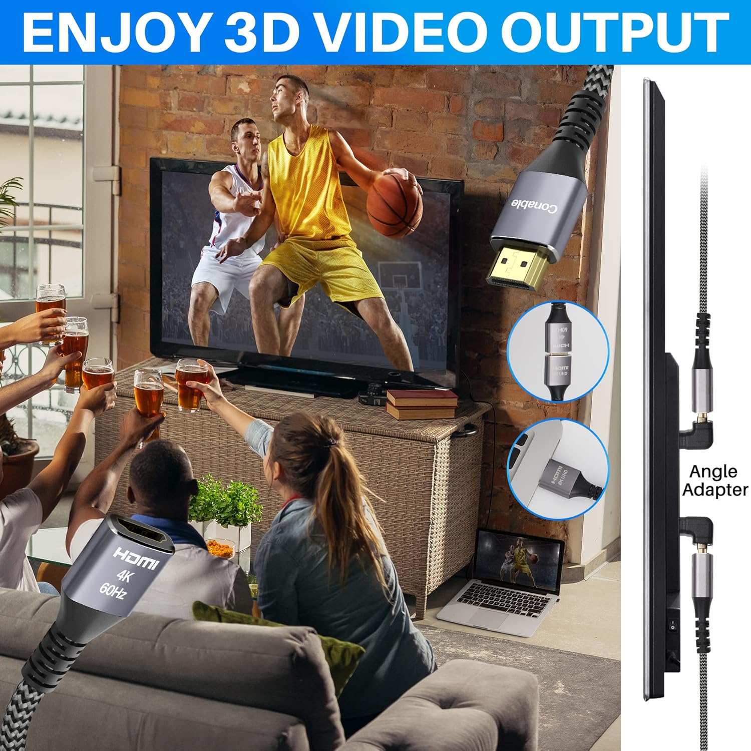 Кабель подовжувач Conable HDMI 2.0, 4K@60Hz, 1.8м, grey + адаптер DOWN Angle - Зображення 3