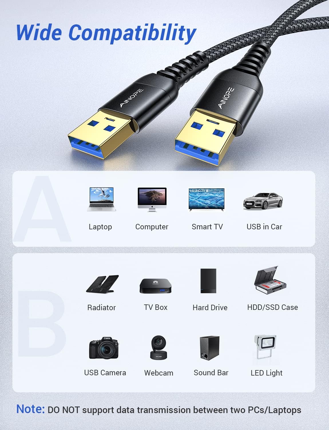 Кабель AINOPE USB A to USB A, USB 3.0 AM/AM, 5Gbps, 2м, black - Зображення 4