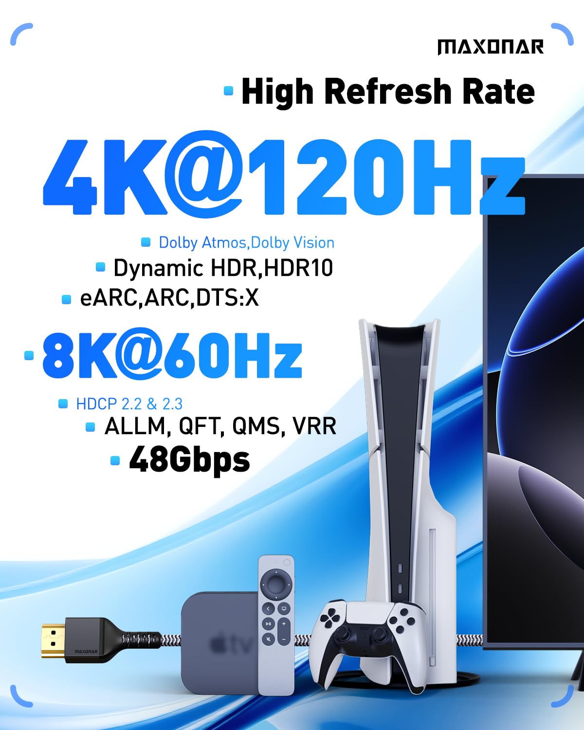 Кабель Maxonar HDMI 2.1 48Gbps 8K@60Hz, 4K@120Hz 1м silver (MH8K0) - Зображення 3