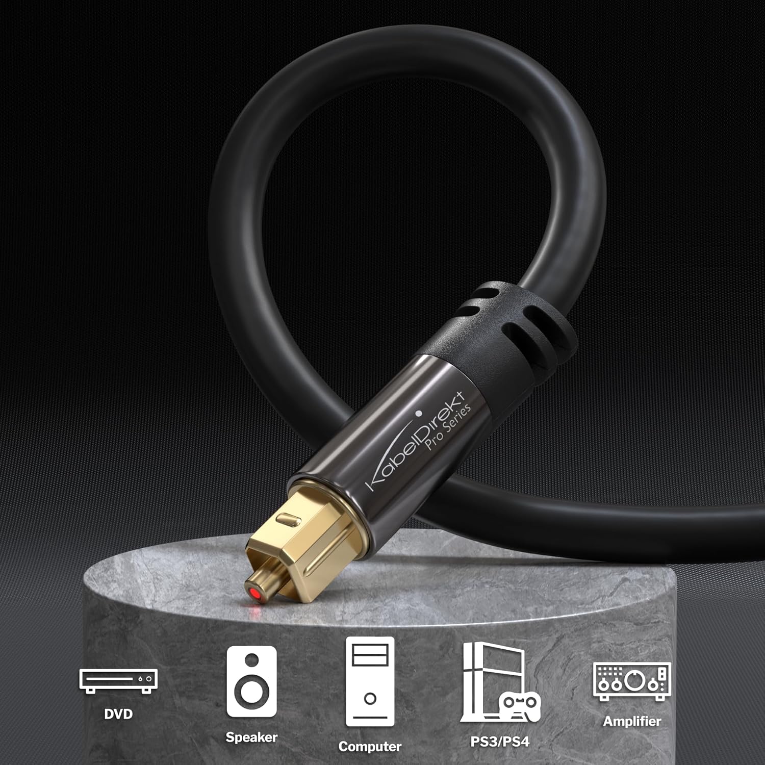 Цифровий оптичний аудіокабель KabelDirekt TOSLINK, Fiber Optic Cord, SPDIF Digital Audio Optical Cable, 1.8м чорний - Зображення 2