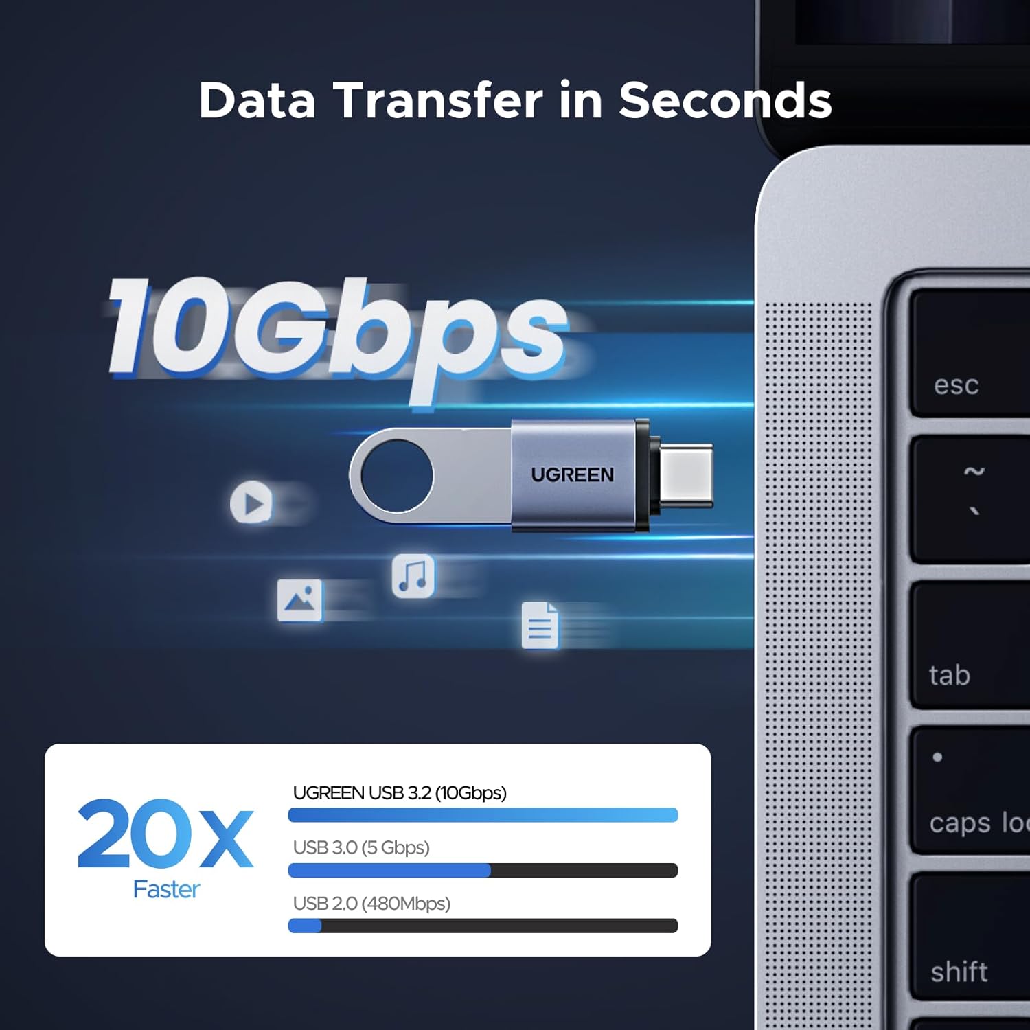 Адаптер-перехідник UGREEN Type-C to USB 3.2, 10Gbps, Gray - Зображення 3