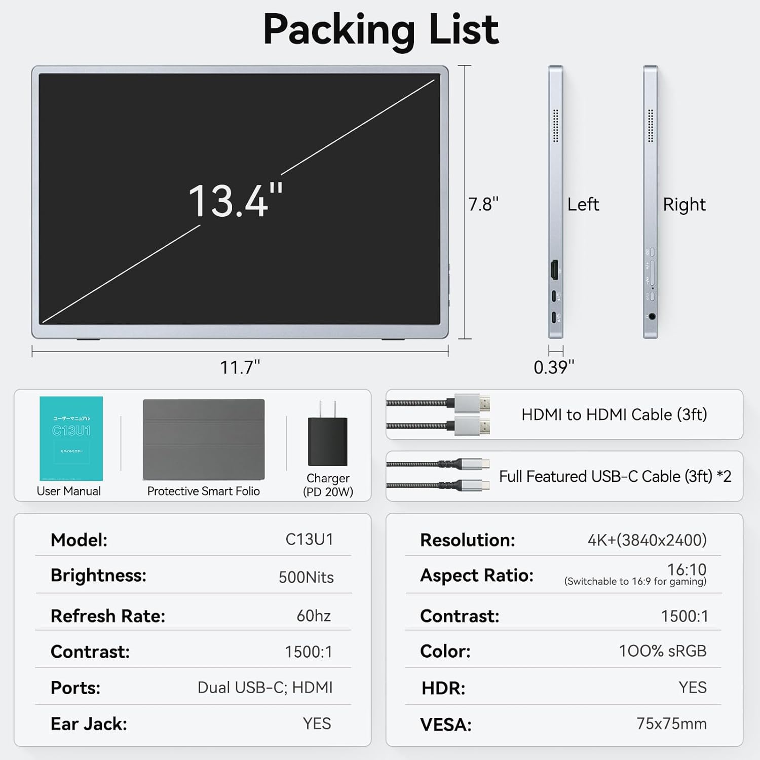 Монітор портативний CASKING 13.4" 4K+ (3840x2400) IGZO, USB-C, HDMI, HDR, VESA Mount & Smart Cover (C13U1) - Зображення 5